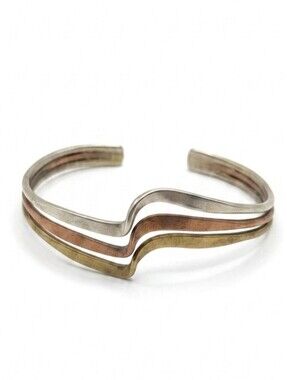 Tri-Tone Wave Cuff Bracelet - Brass Copper Silver